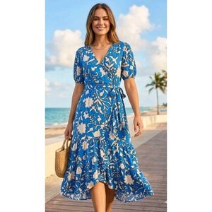 Knox Rose Blue Wrap Dress XS Floral Puff Sleeve Ruffled Midi Cottage Feminine